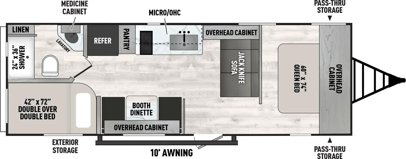 The Viking Travel Trailers 26BH has one entry and zero slide outs. Exterior features include: metal exterior and 10' awning. Interiors features include: bunk beds and front bedroom.